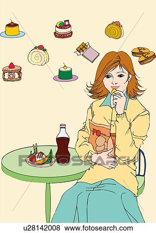 Stock Illustration - Woman sitting and eating snacks, front view. Fotosearch