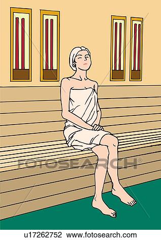 Drawing - Woman sitting in sauna, front view. Fotosearch