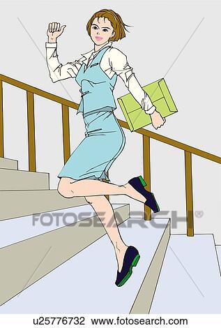 Woman skipping on stairs, portrait, side view View Large Illustration Drawing - Woman skipping on stairs, portrait, side view. Fotosearch