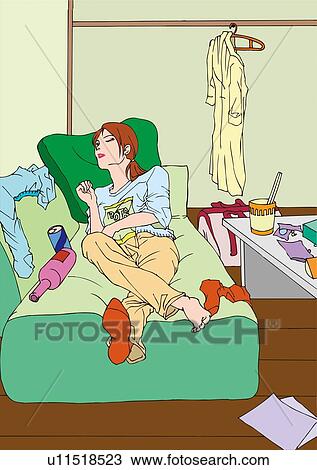 Woman sleeping on couch in messy room, high angle view View Large Illustration Drawing - Woman sleeping on couch in messy room, high angle view. Fotosearch