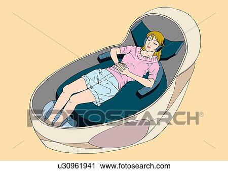 Woman sleeping on reclining chair, high angle view View Large Illustration Clip Art - Woman sleeping on reclining chair, high angle view. Fotosearch