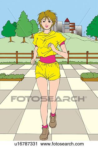 Woman smiling and running, exercising, front view View Large Illustration Clip Art - Woman smiling and running, exercising, front view. Fotosearch