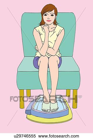 Stock Illustration - Woman soaking feet in tub of water, front view. Fotosearch