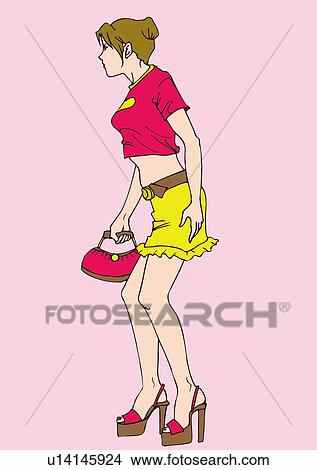 Woman standing and looking away, holding a bag, side view View Large Illustration Stock Illustration - Woman standing and looking away, holding a bag, side view. Fotosearch