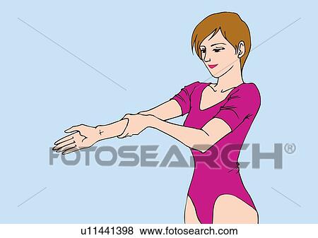 Stock Illustration - Woman standing and massaging arm, side view. Fotosearch