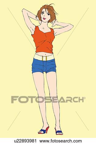 Clip Art - Woman standing and putting hands on back of her head, front view. Fotosearch
