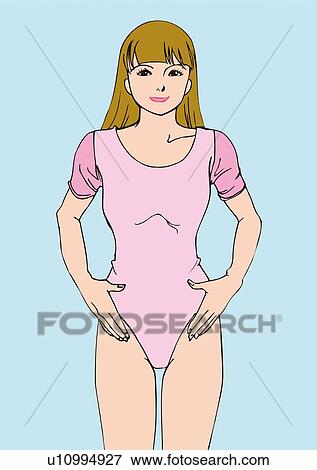 Stock Illustration - Woman standing and putting hands on side of stomach, front view. Fotosearch