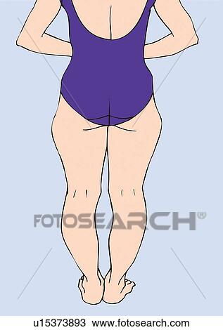 Drawing - Woman standing in bathing suit with flabby legs, rear view. Fotosearch