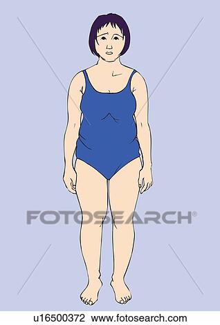 Drawing - Woman standing in bathing suit with flabby body, front view. Fotosearch