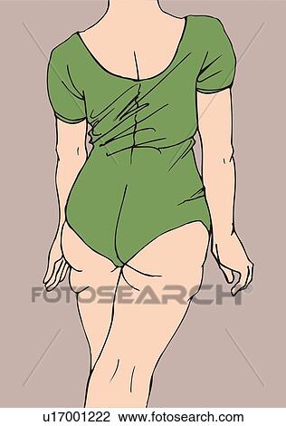 Drawing - Woman standing in bathing suit with flabby body, rear view. Fotosearch