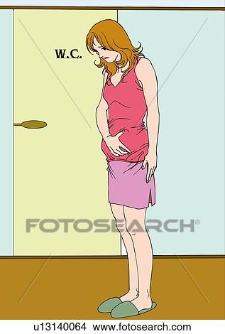 Woman standing in front of restroom, looking down and touching stomach, side view View Large Illustration Stock Illustration - Woman standing in front of restroom, looking down and touching stomach, side view. Fotosearch
