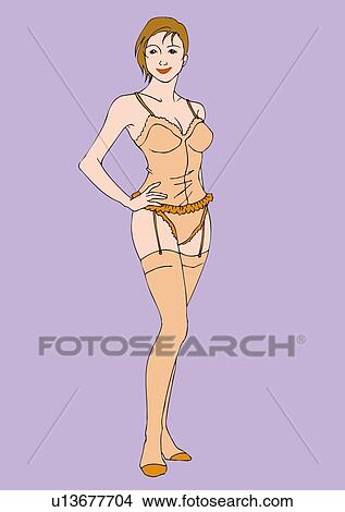 Woman standing in girdle and stockings, front view View Large Illustration Stock Illustration - Woman standing in girdle and stockings, front view. Fotosearch