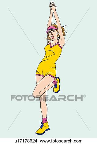 Woman standing on one leg and lifting hands over head, front view View Large Illustration Stock Illustration - Woman standing on one leg and lifting hands over head, front view. Fotosearch