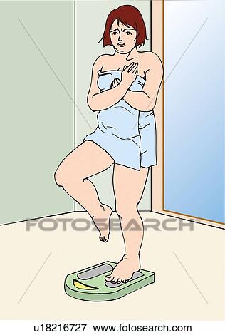 Stock Illustration - Woman standing on one leg on weighing scales, front view. Fotosearch