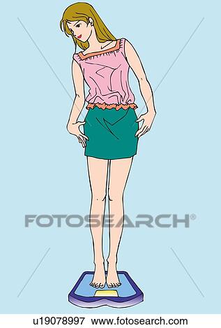 Stock Illustration - Woman standing on weighing scales, looking down, front view. Fotosearch