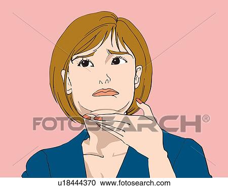 Woman touching fat of chin, unhappy, front view View Large Illustration Clipart - Woman touching fat of chin, unhappy, front view. Fotosearch