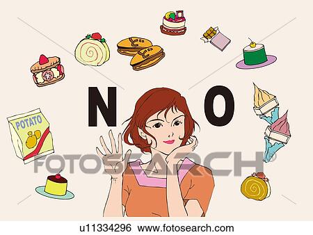 Stock Illustration - Woman trying to diet with food restriction, front view. Fotosearch