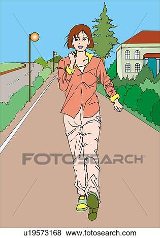 Stock Illustration - Woman walking down street, exercising, front view. Fotosearch