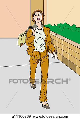 Stock Illustration - Woman walking in sweat suit, smiling, front view. Fotosearch
