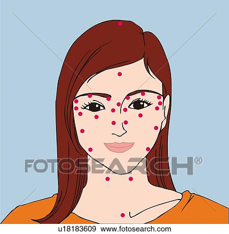 Woman's face spotted acupressure points, close up front view View Large Illustration Stock Illustration - Woman's face spotted acupressure points, close up front view. Fotosearch