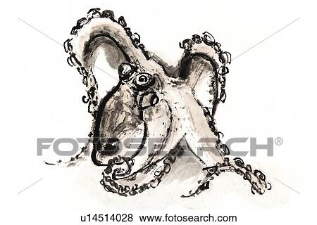 Stock Illustration - Common Octopus, Ink Brush Painting. Fotosearch