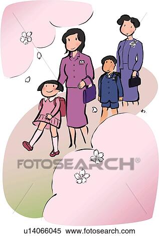 母 そして 子供 歩くこと ために 入口 式 の 小学校 正面図 イラスト U14066045 Fotosearch