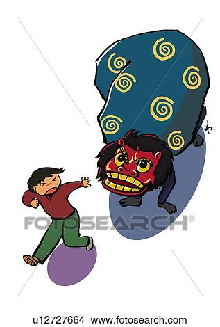 A Boy Running Away from the Lion Dance, Illustrative Technique View Large Illustration Stock Illustration - A Boy Running Away from the Lion Dance, Illustrative Technique. Fotosearch