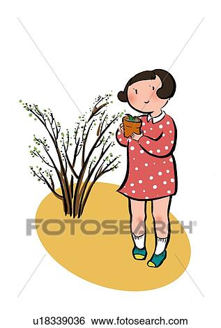 Stock Illustration - A Girl Holding a Plant which Come Out a Bud, Illustrative Technique. Fotosearch