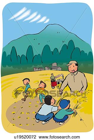 Drawing - Children and Farmer Harvesting Rice Together, Illustrative Technique. Fotosearch