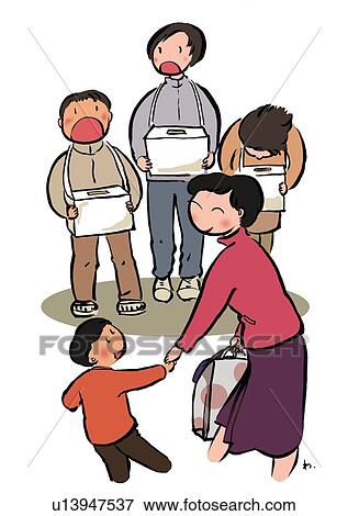 Stock Illustration - Elementary Age Boy Pulling His Mother's Hand and Pleading for Donations. Fotosearch