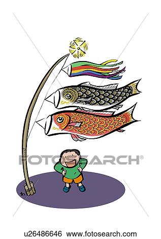 Elementary Age Boy Standing Under Koinobori View Large Illustration Stock Illustration - Elementary Age Boy Standing Under Koinobori. Fotosearch