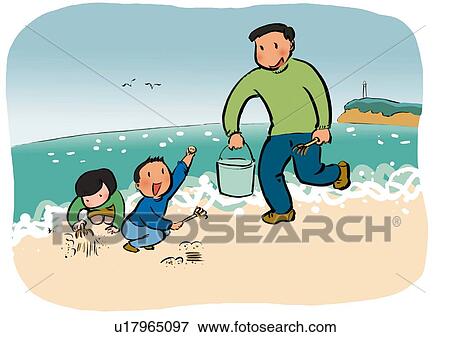 Stock Illustration - Father and His Children Enjoying Gathering Shellfish. Fotosearch