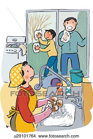 Stock Illustration - Father, Mother and Child Cleaning Their House Together at End of Year. Fotosearch