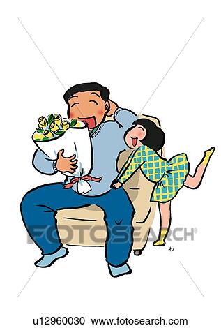 Father's Day, A Daughter Gave a Bunch of Flowers to Her Dad, Illustrative Technique View Large Illustration Clipart - Father's Day, A Daughter Gave a Bunch of Flowers to Her Dad, Illustrative Technique. Fotosearch