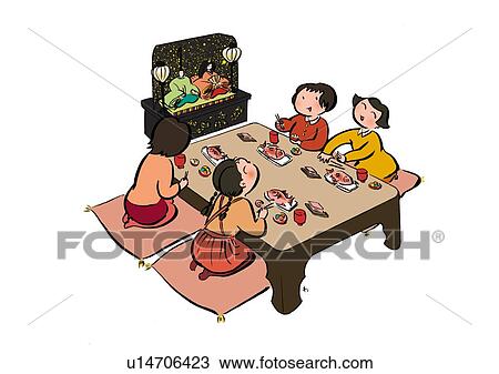 Drawing - Four Girls Celebrating on the Girls Festival, Illustrative Technique. Fotosearch