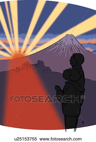 Mature Adult Couple Praying for Sun in Early Morning of New Year's Day, Side View View Large Illustration Stock Illustration - Mature Adult Couple Praying for Sun in Early Morning of New Year's Day, Side View. Fotosearch