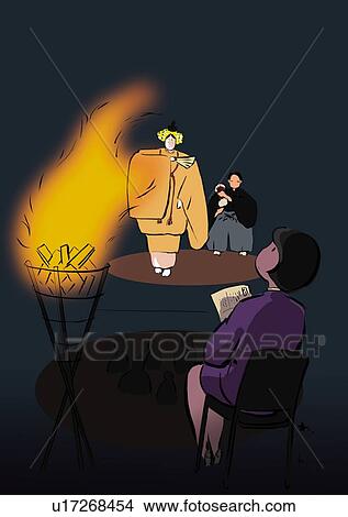 Stock Illustration - Mature Adult Man Playing Noh and Mid Adult Woman Sitting Beside Firewood Watching it. Fotosearch