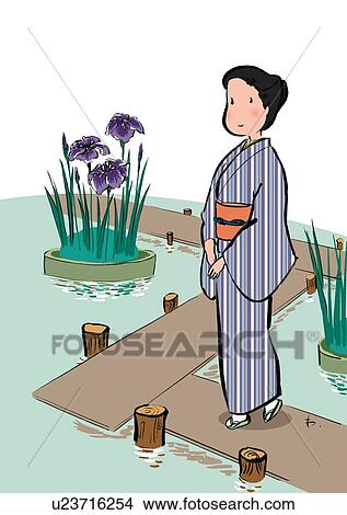 Mature Adult Woman in Kimono Standing and Watching Iris in Iris Garden, High Angle View View Large Illustration Stock Illustration - Mature Adult Woman in Kimono Standing and Watching Iris in Iris Garden, High Angle View. Fotosearch