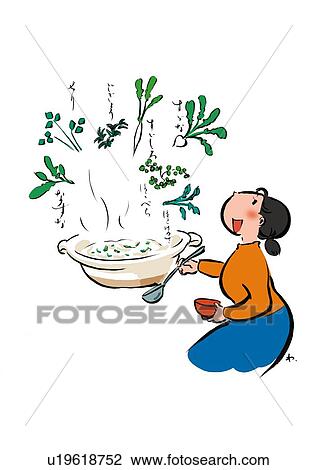 Mature Adult Woman Preparing Rice Gruel Containing the Seven Spring Herbs, Side View, Profile View Large Illustration Drawing - Mature Adult Woman Preparing Rice Gruel Containing the Seven Spring Herbs, Side View, Profile. Fotosearch