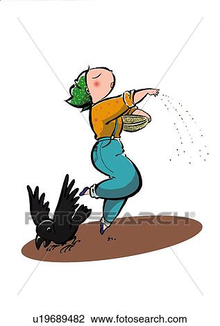 Drawing - Mature Adult Women Sowing of the Fields, Illustrative Technique. Fotosearch