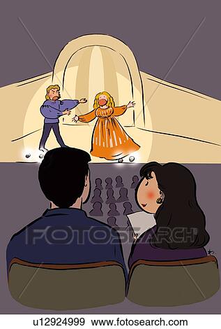 Stock Illustration - Mid Adult Couple Enjoying Opera at a Theater, Rear View. Fotosearch