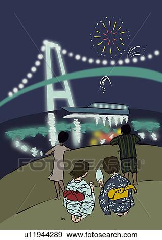 Mid Adult Couple Standing and Enjoying Fireworks At the Riverside View Large Illustration Stock Illustration - Mid Adult Couple Standing and Enjoying Fireworks At the Riverside. Fotosearch