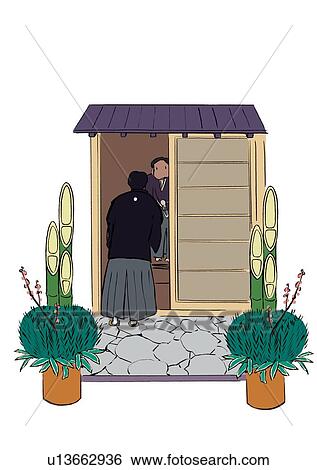 Stock Illustration - Mid Adult Man Greeting the Neighbours at the New Year, Illustrative Technique. Fotosearch