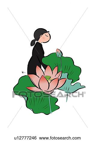 Stock Illustration - Mid Adult Woman and Goldthread, Illustrative Technique. Fotosearch
