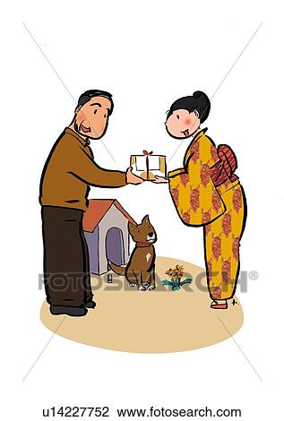 Mid Adult Woman Giving Year-End Gift to Senior Adult Man, Side View View Large Illustration Drawing - Mid Adult Woman Giving Year-End Gift to Senior Adult Man, Side View. Fotosearch
