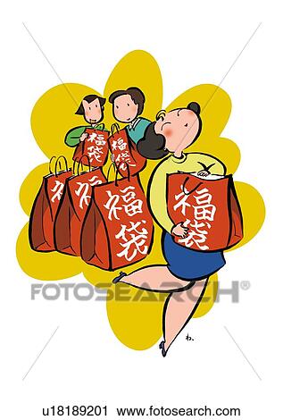 Clip Art - Mid Adult Woman Holding a Lucky Bag with Contented Look. Fotosearch