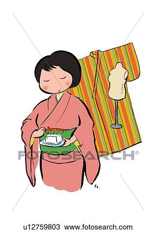 Mid Adult Woman in Kimono Pricking Needles to Bean Curd, Front View View Large Illustration Drawing - Mid Adult Woman in Kimono Pricking Needles to Bean Curd, Front View. Fotosearch
