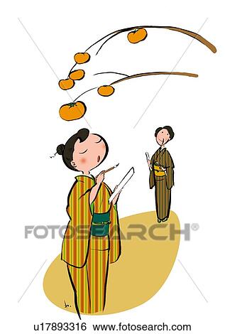 Stock Illustration - Mid Adult Woman Learn To Compose Haiku, Illustrative Technique. Fotosearch