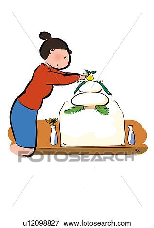 Mid Adult Woman Placed a Kagami Mochi, Illustrative Technique View Large Illustration Stock Illustration - Mid Adult Woman Placed a Kagami Mochi, Illustrative Technique. Fotosearch