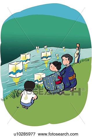 Stock Illustration - Mid Adult Woman Sitting and Floating Lump to River. Fotosearch